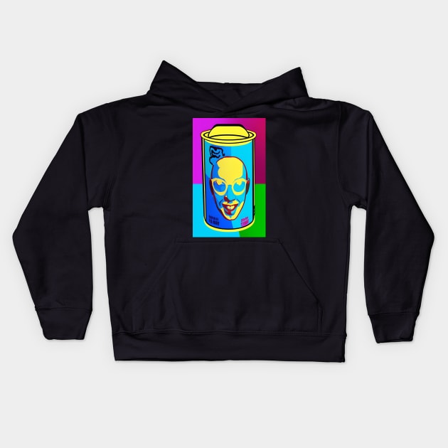 a can with a picture of a man&#39;s face on it, inspired by Andy Warhol, behance contest winner, pop art Kids Hoodie by Psychedeers